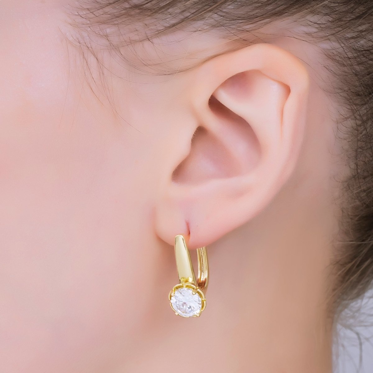 24K Gold Filled Clear Round CZ Classic Solitaire English Lock Hoops Earrings | AJ - 058 - DLUXCA