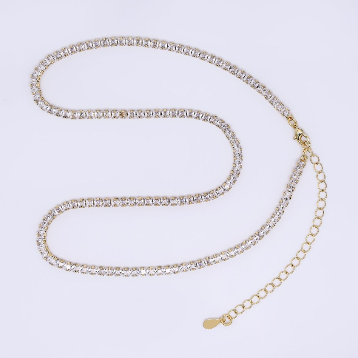 24K Gold Filled Clear Square CZ Lobster Clasp Tennis Necklace 16.14 Inch with Extender | WA - 3330 - DLUXCA