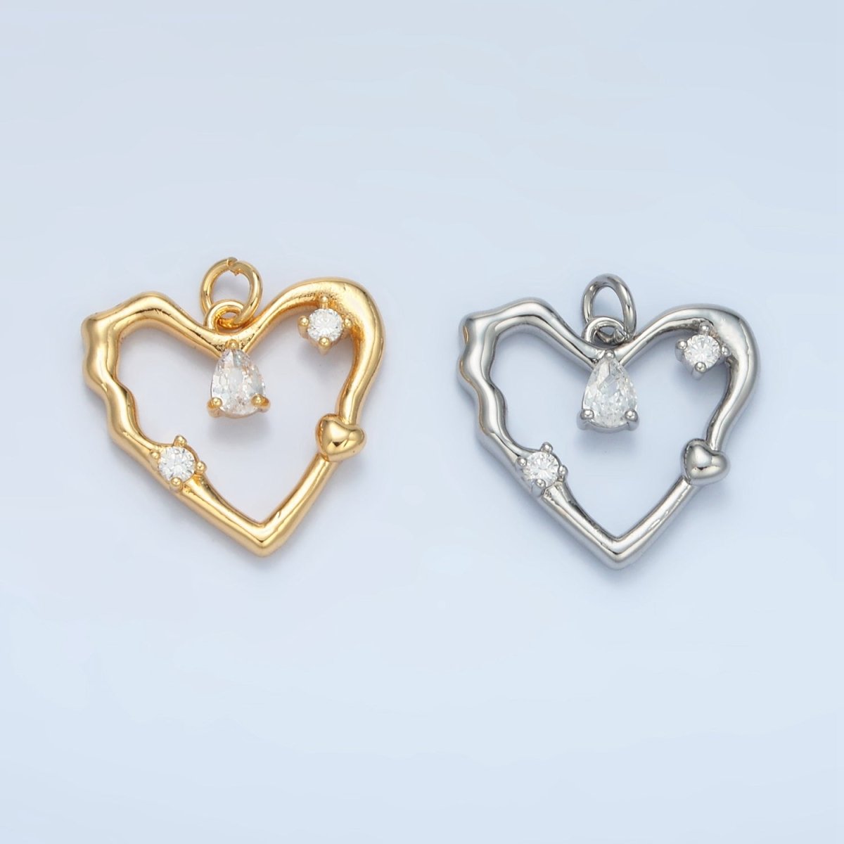 24K Gold Filled Clear Teardrop CZ Open Molten Heart Charm in Gold & Silver | E374 - DLUXCA