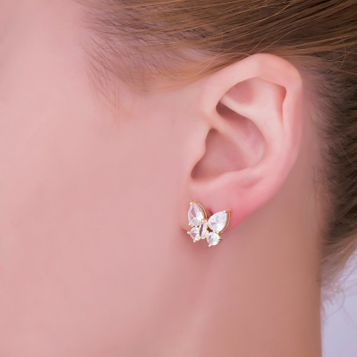 24K Gold Filled Clear Teardrop, Marquise & Round CZ Clear Butterfly Stud Earrings | AJ - 043 - DLUXCA