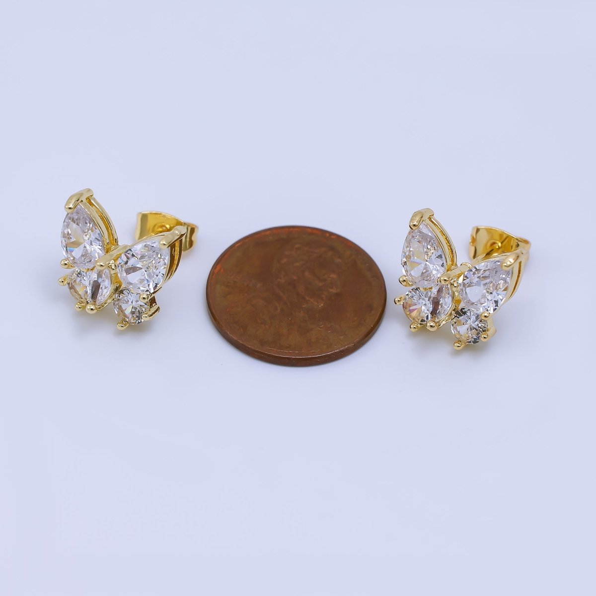 24K Gold Filled Clear Teardrop, Marquise & Round CZ Clear Butterfly Stud Earrings | AJ - 043 - DLUXCA