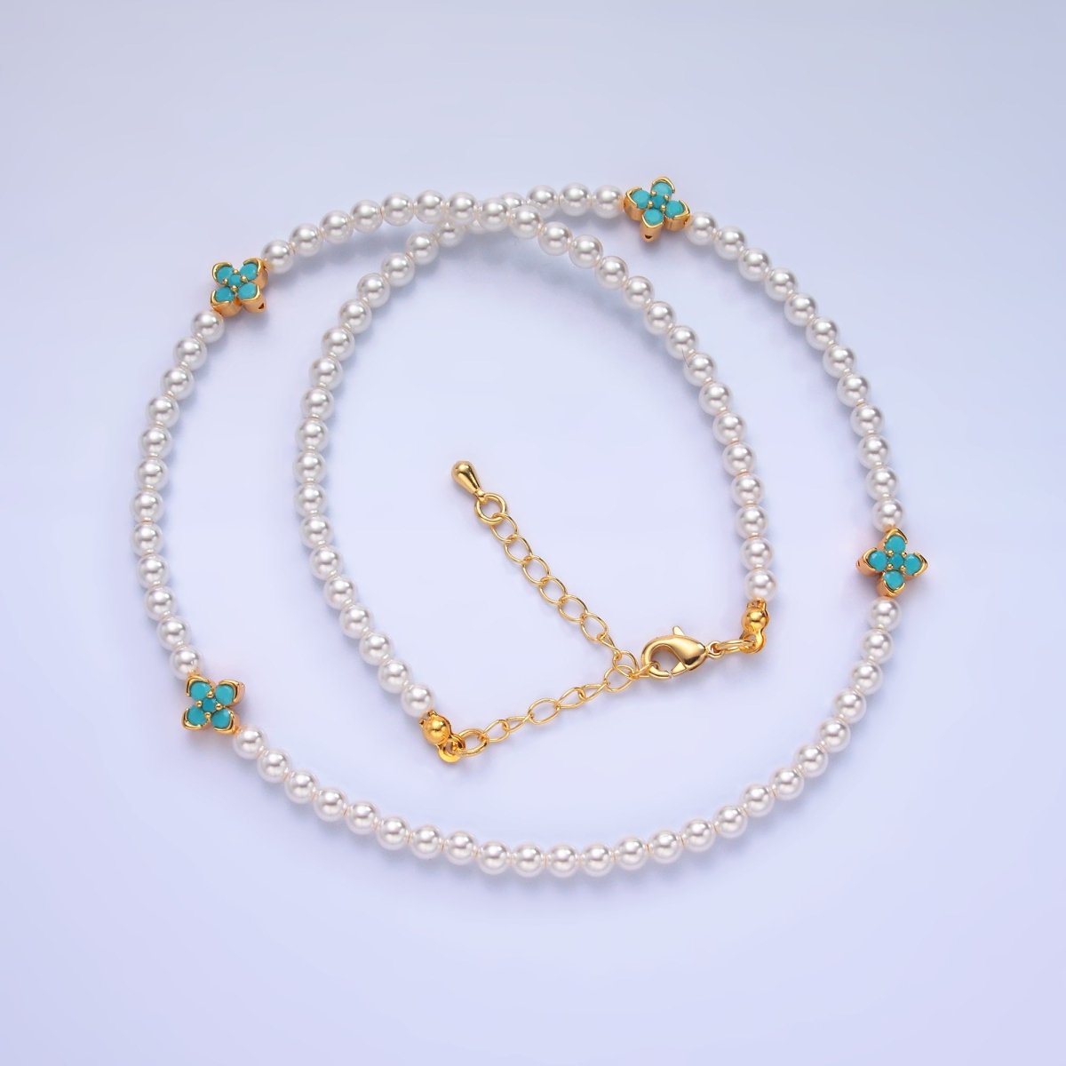 24K Gold Filled Clear, Turquoise Flower Shell Pearl 17 Inch Necklace | WA - 3072 WA - 3073 - DLUXCA