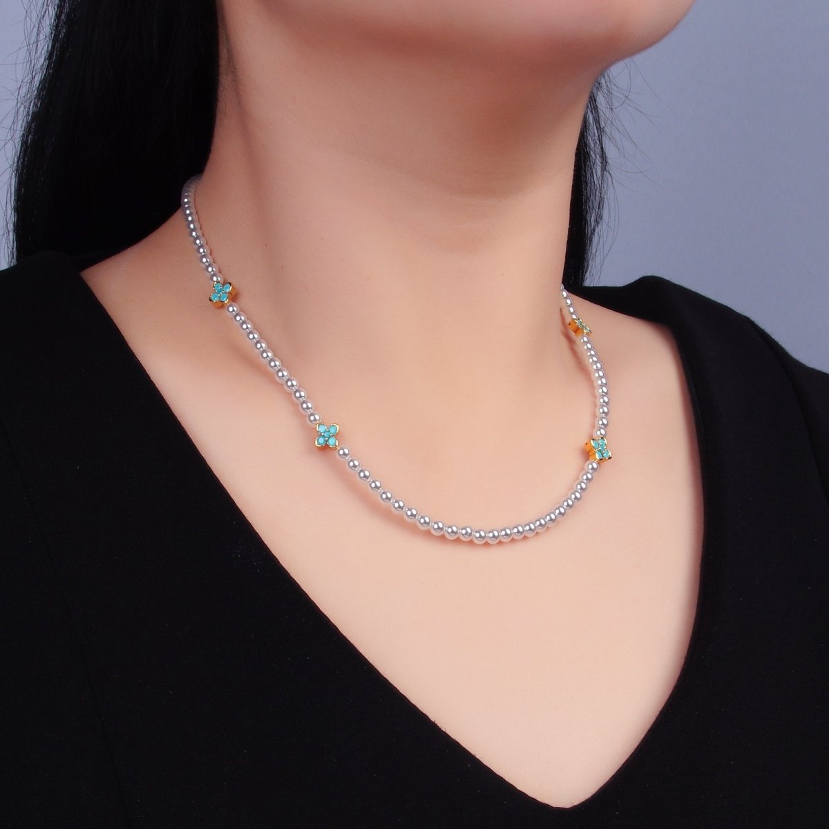 24K Gold Filled Clear, Turquoise Flower Shell Pearl 17 Inch Necklace | WA - 3072 WA - 3073 - DLUXCA