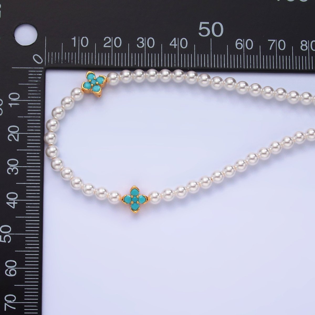 24K Gold Filled Clear, Turquoise Flower Shell Pearl 17 Inch Necklace | WA - 3072 WA - 3073 - DLUXCA