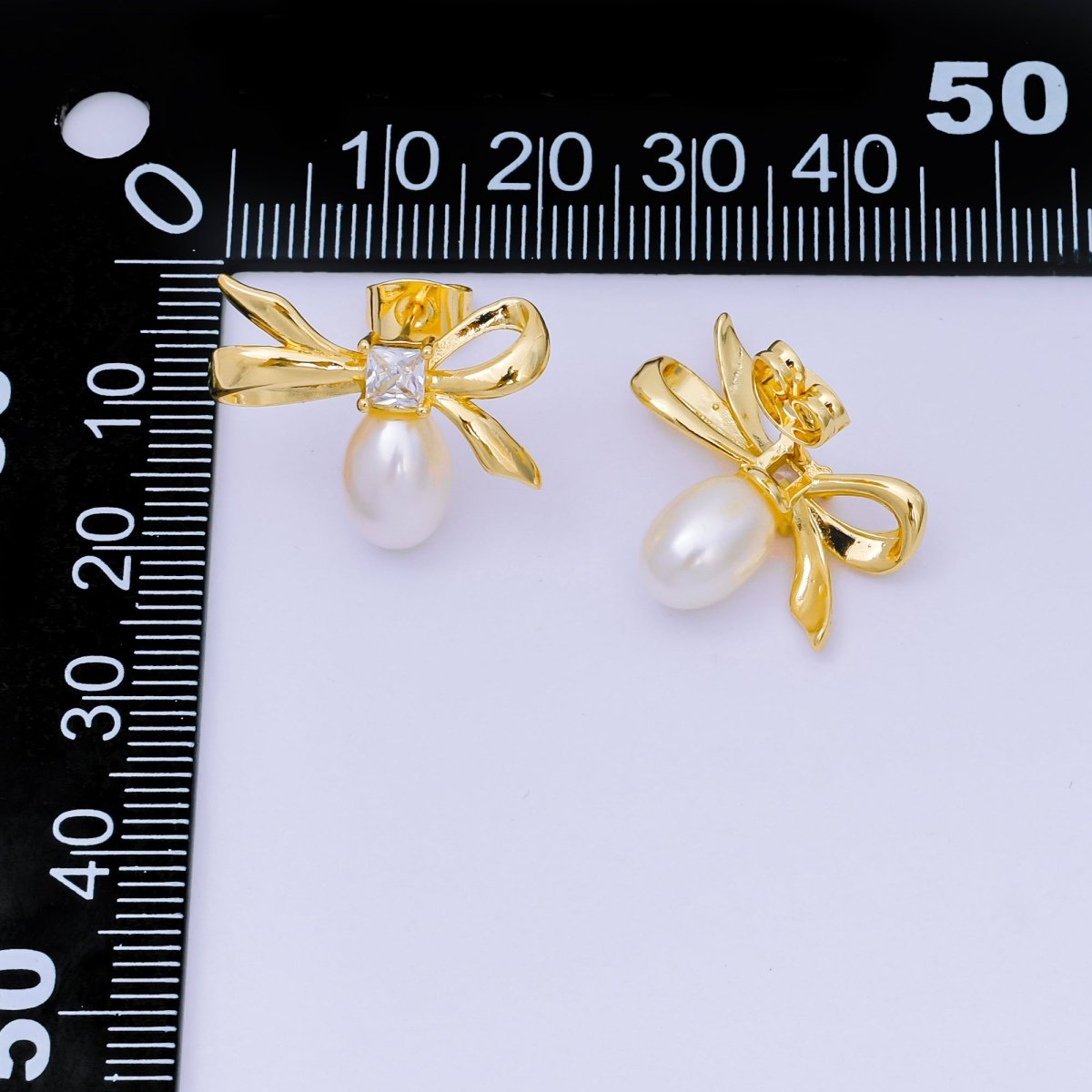 24K Gold Filled Cubic CZ Bow Teardrop Shell Pearl Stud Earrings | V - 060 - DLUXCA