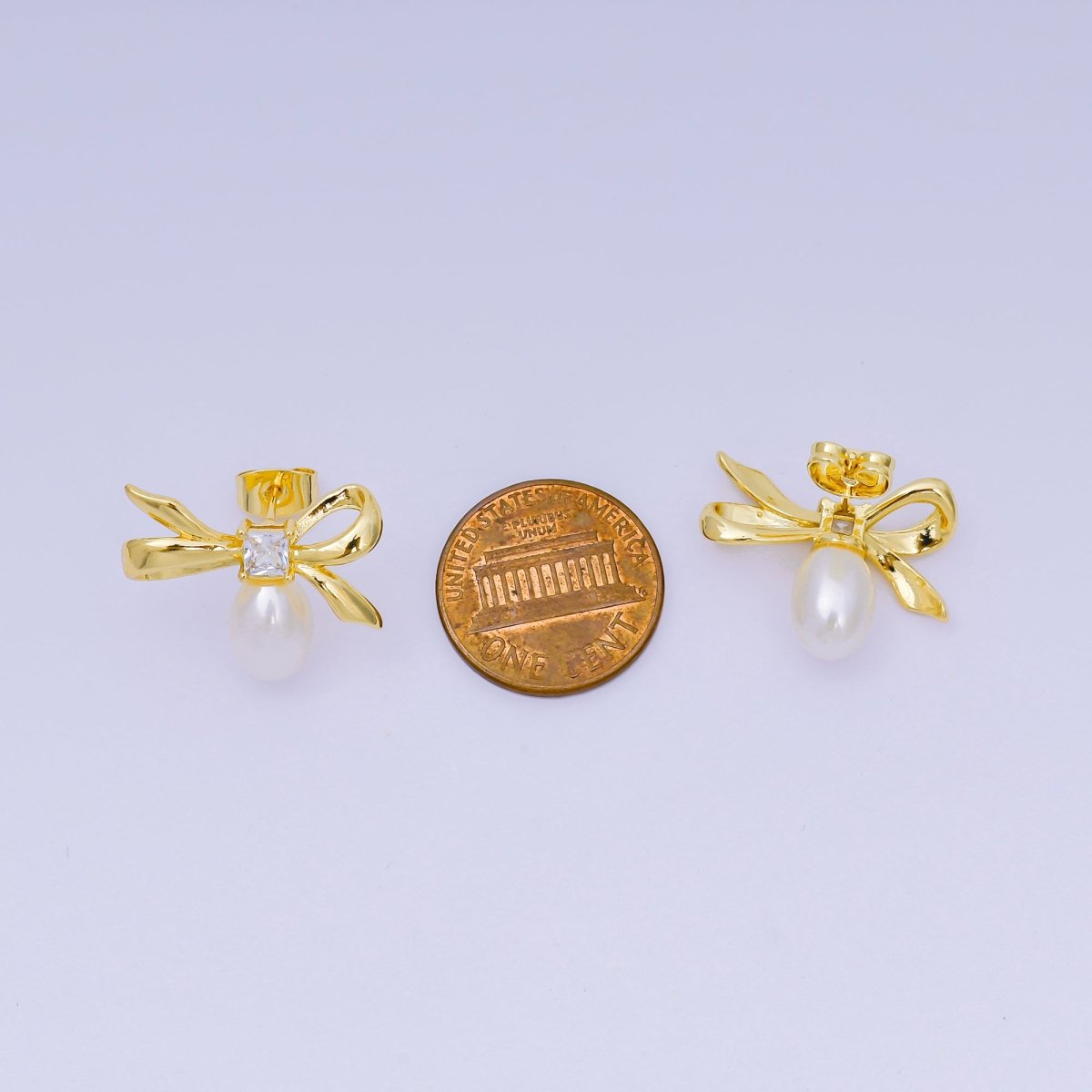 24K Gold Filled Cubic CZ Bow Teardrop Shell Pearl Stud Earrings | V - 060 - DLUXCA