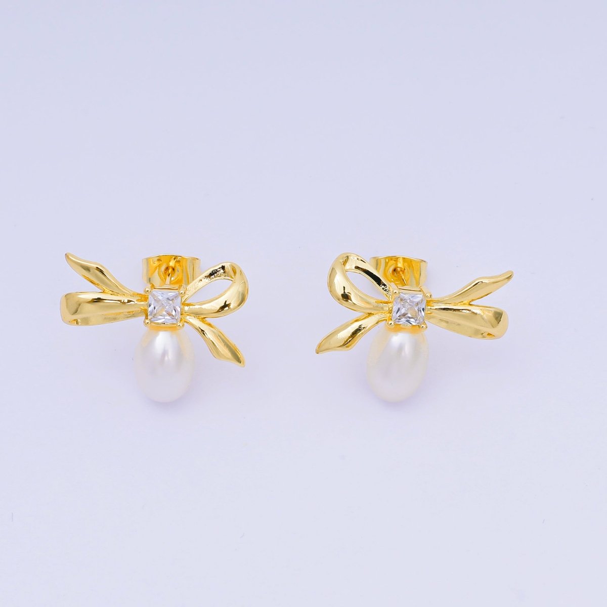 24K Gold Filled Cubic CZ Bow Teardrop Shell Pearl Stud Earrings | V - 060 - DLUXCA