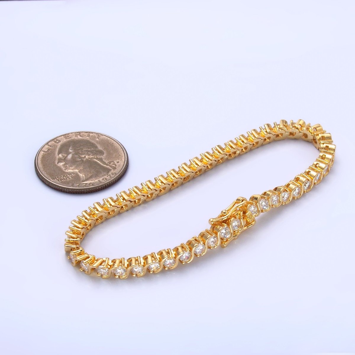 24K Gold Filled Curved S - Link Tennis Chain Bracelet in Gold & Silver | WA - 3036 WA - 3037 - DLUXCA