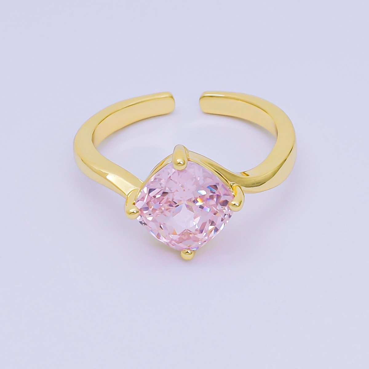 24K Gold Filled Cushion - Cut Multicolor CZ Curvy Square Solitaire Adjustable Ring in Blue, Yellow, & Red | O - 119 O - 121 O - 127 O - 134, O - 136 - O - 140, O - 143 - O - 145, O - 147 O - 148 - DLUXCA