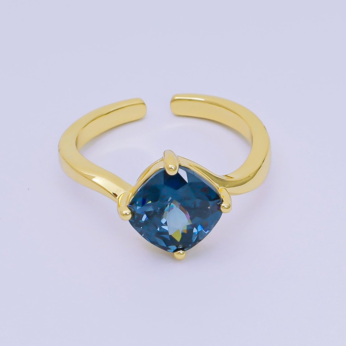 24K Gold Filled Cushion - Cut Multicolor CZ Curvy Square Solitaire Adjustable Ring in Blue, Yellow, & Red | O - 119 O - 121 O - 127 O - 134, O - 136 - O - 140, O - 143 - O - 145, O - 147 O - 148 - DLUXCA
