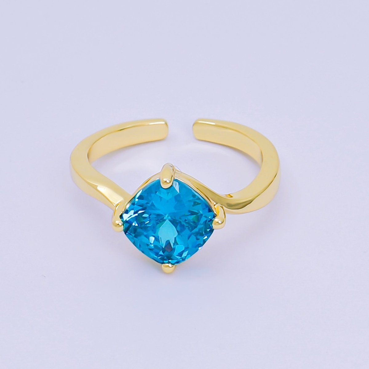 24K Gold Filled Cushion - Cut Multicolor CZ Curvy Square Solitaire Adjustable Ring in Blue, Yellow, & Red | O - 119 O - 121 O - 127 O - 134, O - 136 - O - 140, O - 143 - O - 145, O - 147 O - 148 - DLUXCA