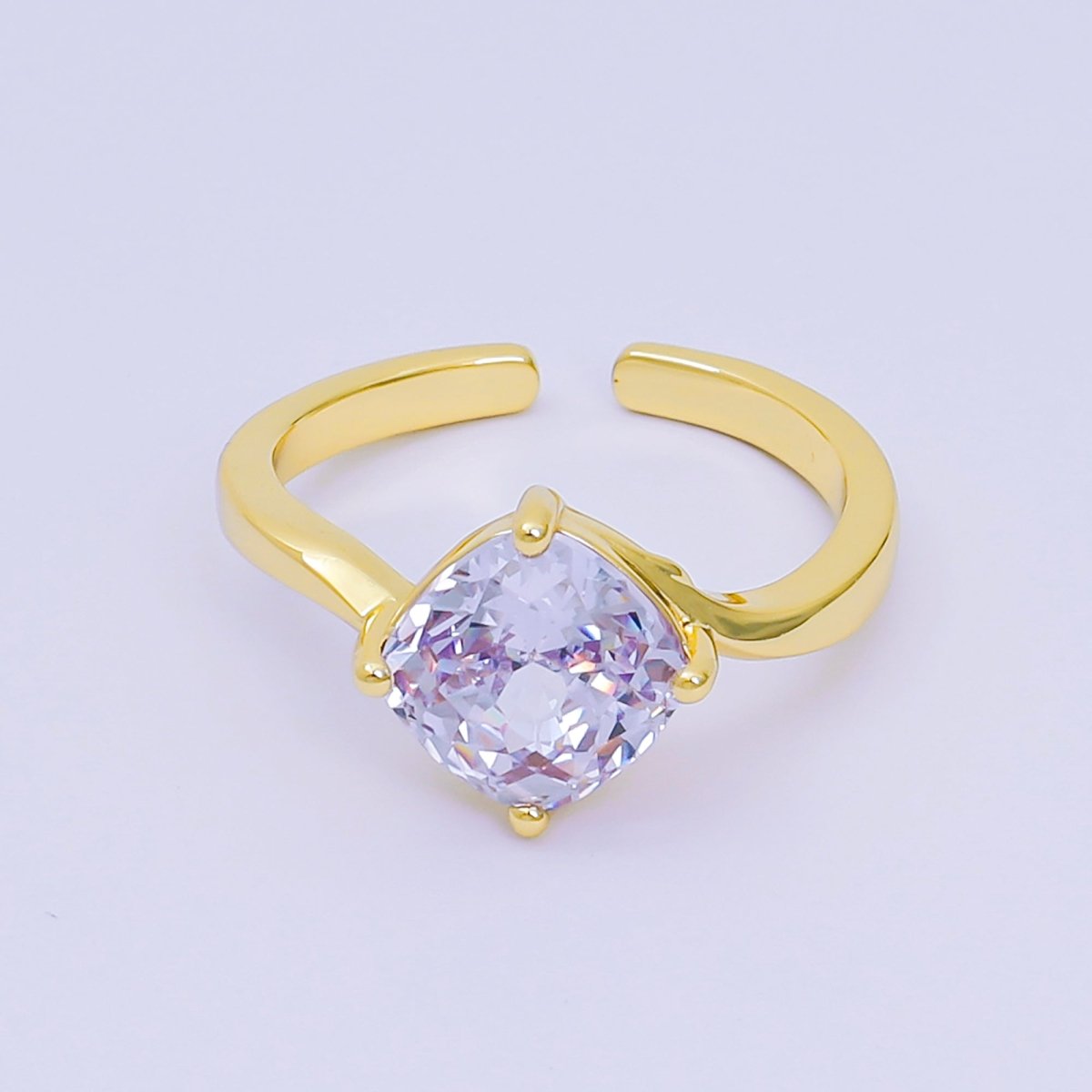 24K Gold Filled Cushion - Cut Multicolor CZ Curvy Square Solitaire Adjustable Ring in Blue, Yellow, & Red | O - 119 O - 121 O - 127 O - 134, O - 136 - O - 140, O - 143 - O - 145, O - 147 O - 148 - DLUXCA