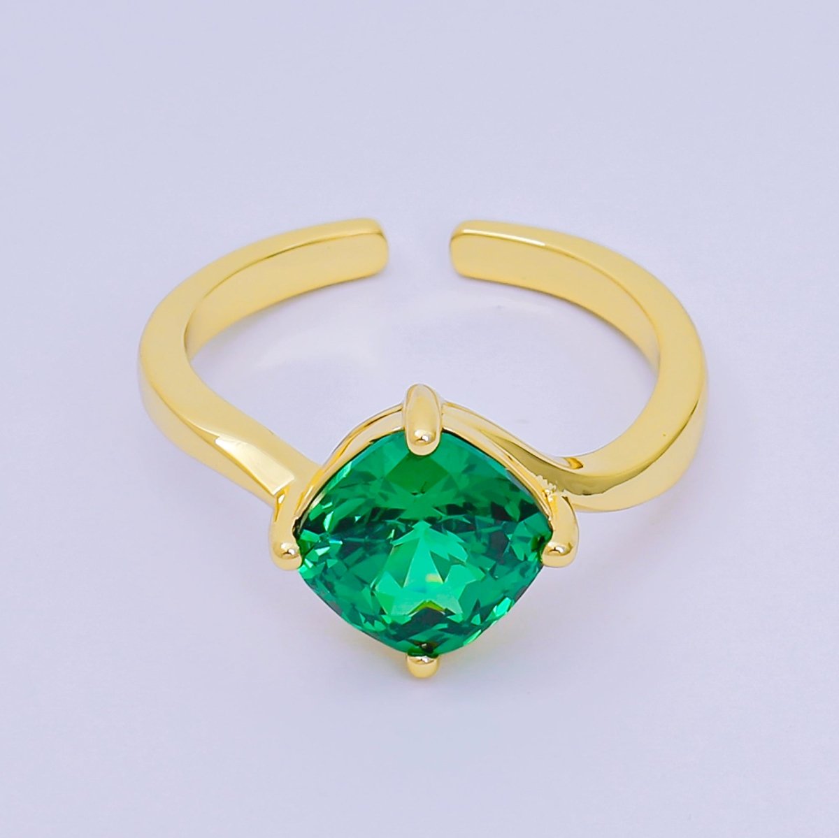 24K Gold Filled Cushion - Cut Multicolor CZ Curvy Square Solitaire Adjustable Ring in Blue, Yellow, & Red | O - 119 O - 121 O - 127 O - 134, O - 136 - O - 140, O - 143 - O - 145, O - 147 O - 148 - DLUXCA