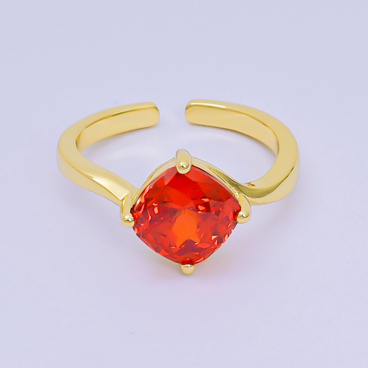 24K Gold Filled Cushion - Cut Multicolor CZ Curvy Square Solitaire Adjustable Ring in Blue, Yellow, & Red | O - 119 O - 121 O - 127 O - 134, O - 136 - O - 140, O - 143 - O - 145, O - 147 O - 148 - DLUXCA