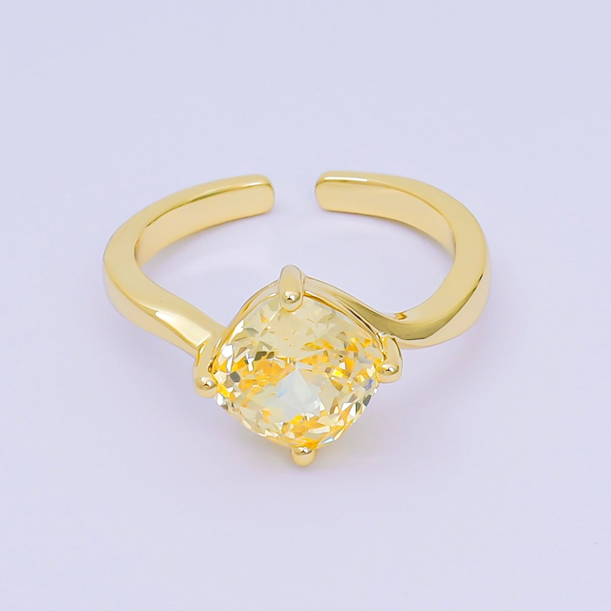 24K Gold Filled Cushion - Cut Multicolor CZ Curvy Square Solitaire Adjustable Ring in Blue, Yellow, & Red | O - 119 O - 121 O - 127 O - 134, O - 136 - O - 140, O - 143 - O - 145, O - 147 O - 148 - DLUXCA