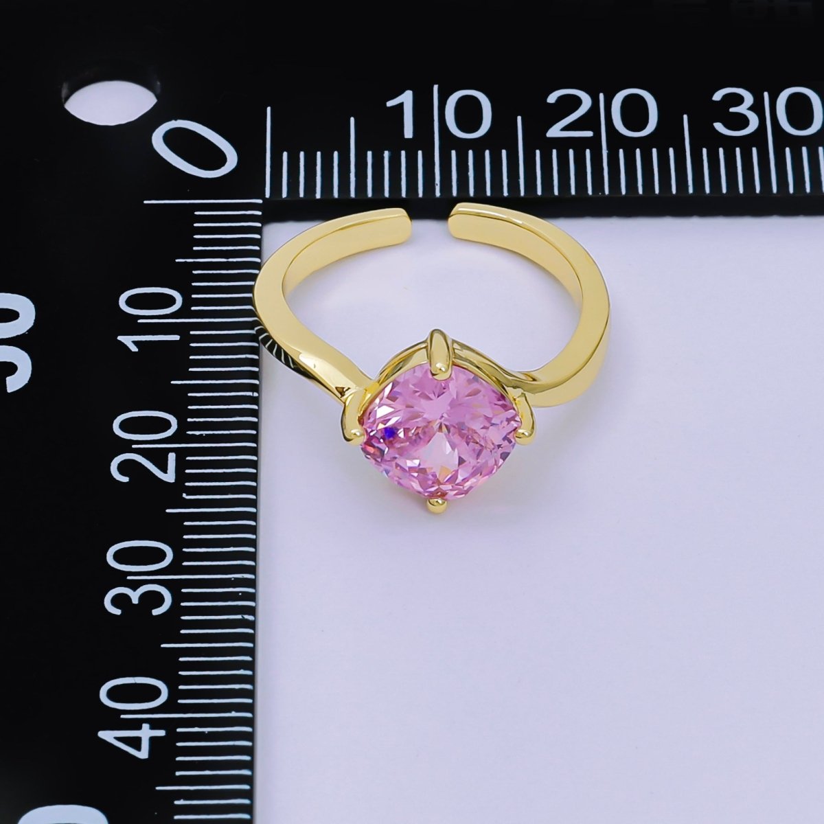 24K Gold Filled Cushion - Cut Multicolor CZ Curvy Square Solitaire Adjustable Ring in Blue, Yellow, & Red | O - 119 O - 121 O - 127 O - 134, O - 136 - O - 140, O - 143 - O - 145, O - 147 O - 148 - DLUXCA