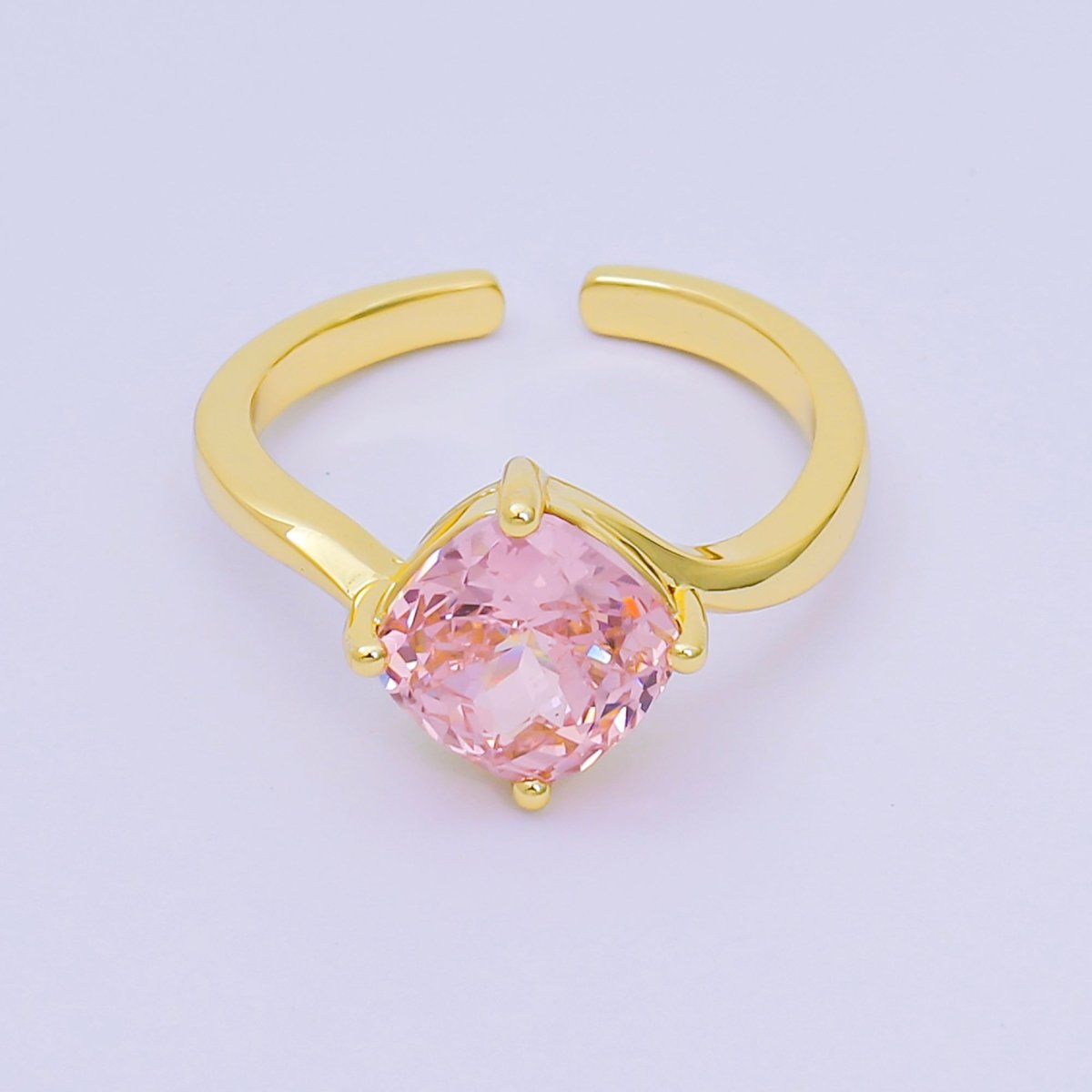 24K Gold Filled Cushion - Cut Multicolor CZ Curvy Square Solitaire Adjustable Ring in Blue, Yellow, & Red | O - 119 O - 121 O - 127 O - 134, O - 136 - O - 140, O - 143 - O - 145, O - 147 O - 148 - DLUXCA