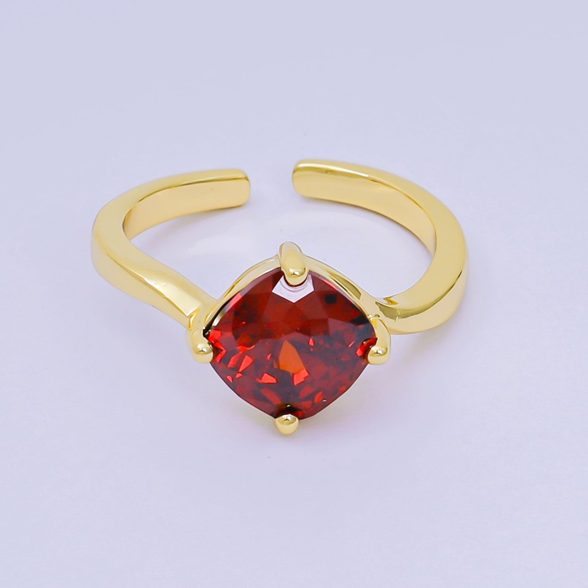 24K Gold Filled Cushion - Cut Multicolor CZ Curvy Square Solitaire Adjustable Ring in Blue, Yellow, & Red | O - 119 O - 121 O - 127 O - 134, O - 136 - O - 140, O - 143 - O - 145, O - 147 O - 148 - DLUXCA