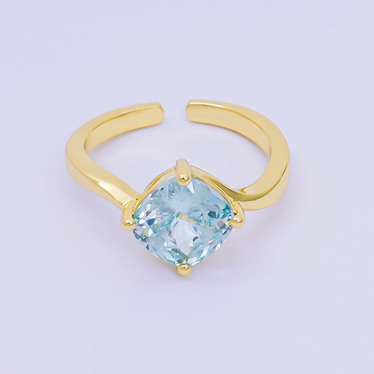 24K Gold Filled Cushion - Cut Multicolor CZ Curvy Square Solitaire Adjustable Ring in Blue, Yellow, & Red | O - 119 O - 121 O - 127 O - 134, O - 136 - O - 140, O - 143 - O - 145, O - 147 O - 148 - DLUXCA