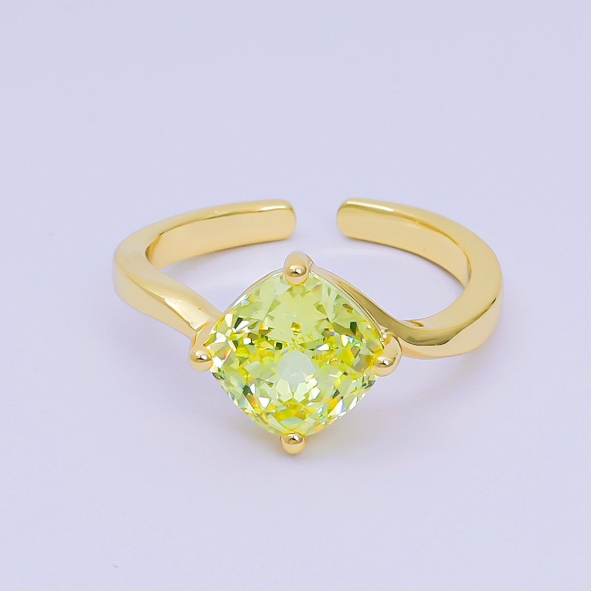 24K Gold Filled Cushion - Cut Multicolor CZ Curvy Square Solitaire Adjustable Ring in Blue, Yellow, & Red | O - 119 O - 121 O - 127 O - 134, O - 136 - O - 140, O - 143 - O - 145, O - 147 O - 148 - DLUXCA