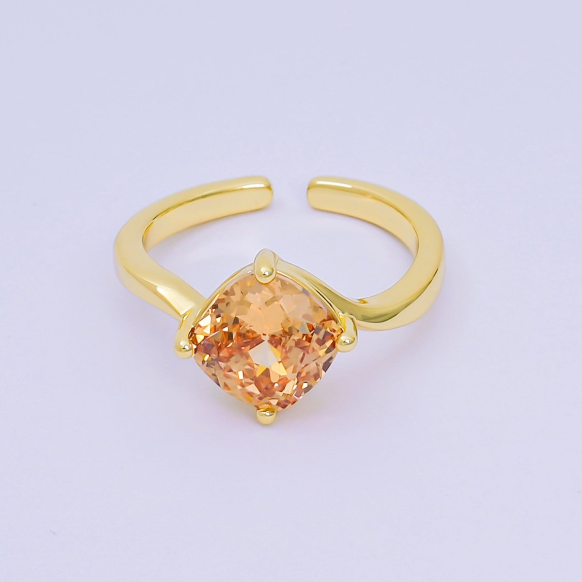 24K Gold Filled Cushion - Cut Multicolor CZ Curvy Square Solitaire Adjustable Ring in Blue, Yellow, & Red | O - 119 O - 121 O - 127 O - 134, O - 136 - O - 140, O - 143 - O - 145, O - 147 O - 148 - DLUXCA