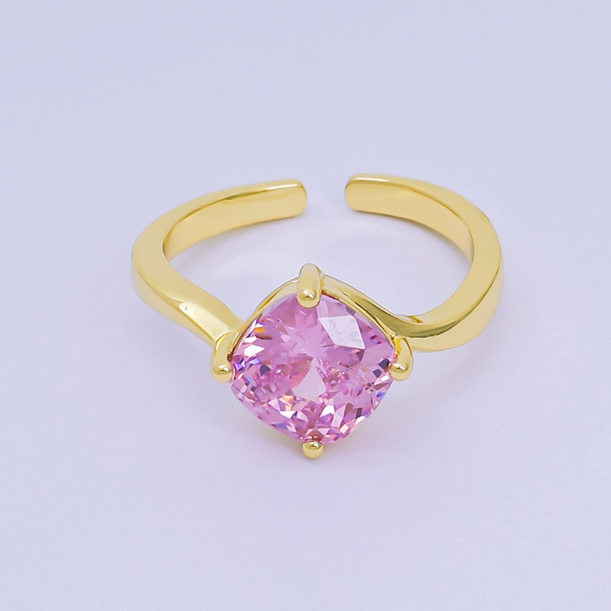 24K Gold Filled Cushion - Cut Multicolor CZ Curvy Square Solitaire Adjustable Ring in Blue, Yellow, & Red | O - 119 O - 121 O - 127 O - 134, O - 136 - O - 140, O - 143 - O - 145, O - 147 O - 148 - DLUXCA