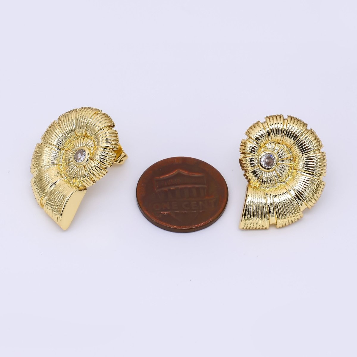 24K Gold Filled CZ Ammonite Shell Stud Earrings Beach Jewelry Inspired | AJ - 074 - DLUXCA