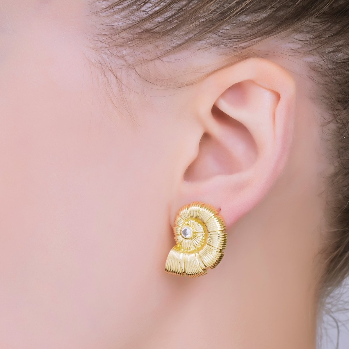 24K Gold Filled CZ Ammonite Shell Stud Earrings Beach Jewelry Inspired | AJ - 074 - DLUXCA