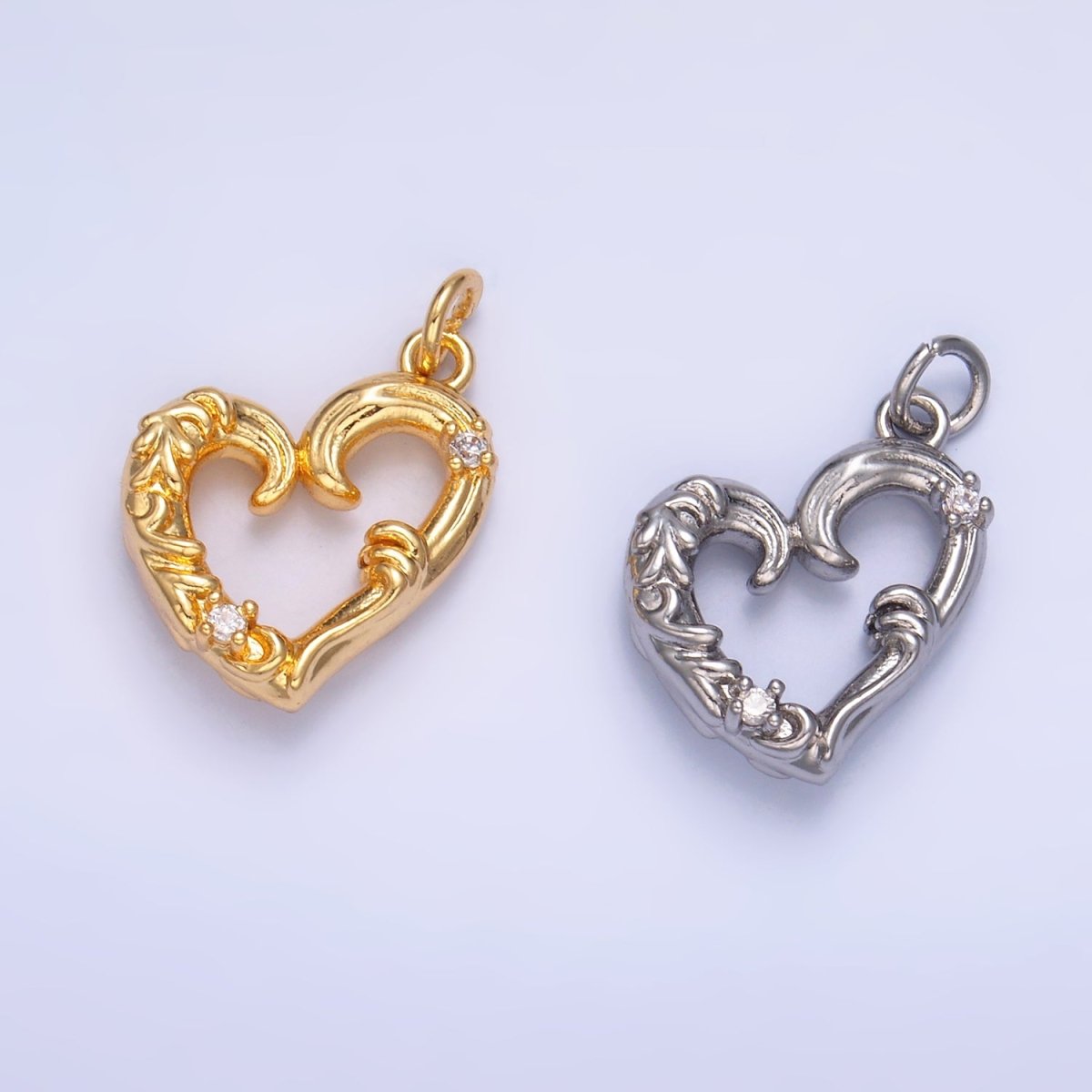 24K Gold Filled CZ Artisan Heart Charm in Gold & Silver | W372 - DLUXCA