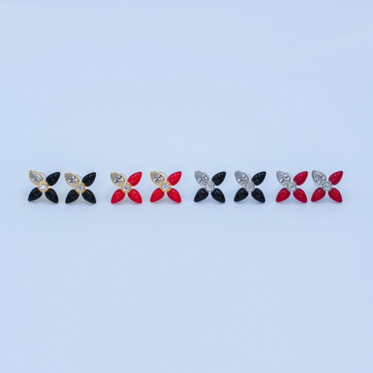 24K Gold Filled CZ Black Red Flower Patch Stud Earrings in Gold & Silver | AB197 - DLUXCA