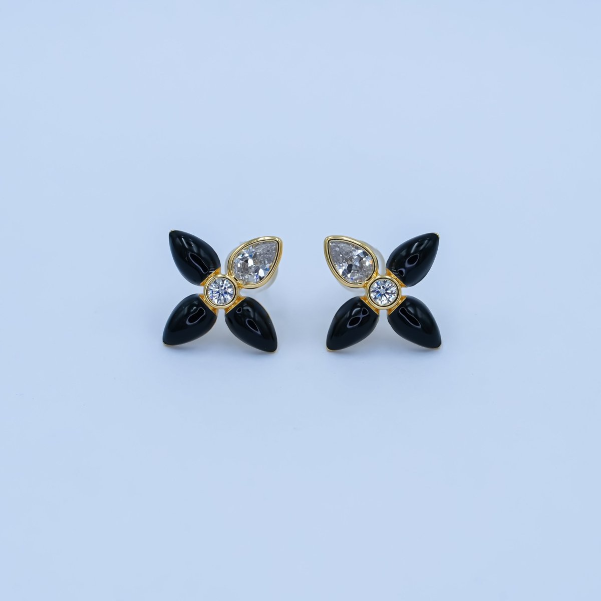 24K Gold Filled CZ Black Red Flower Patch Stud Earrings in Gold & Silver | AB197 - DLUXCA