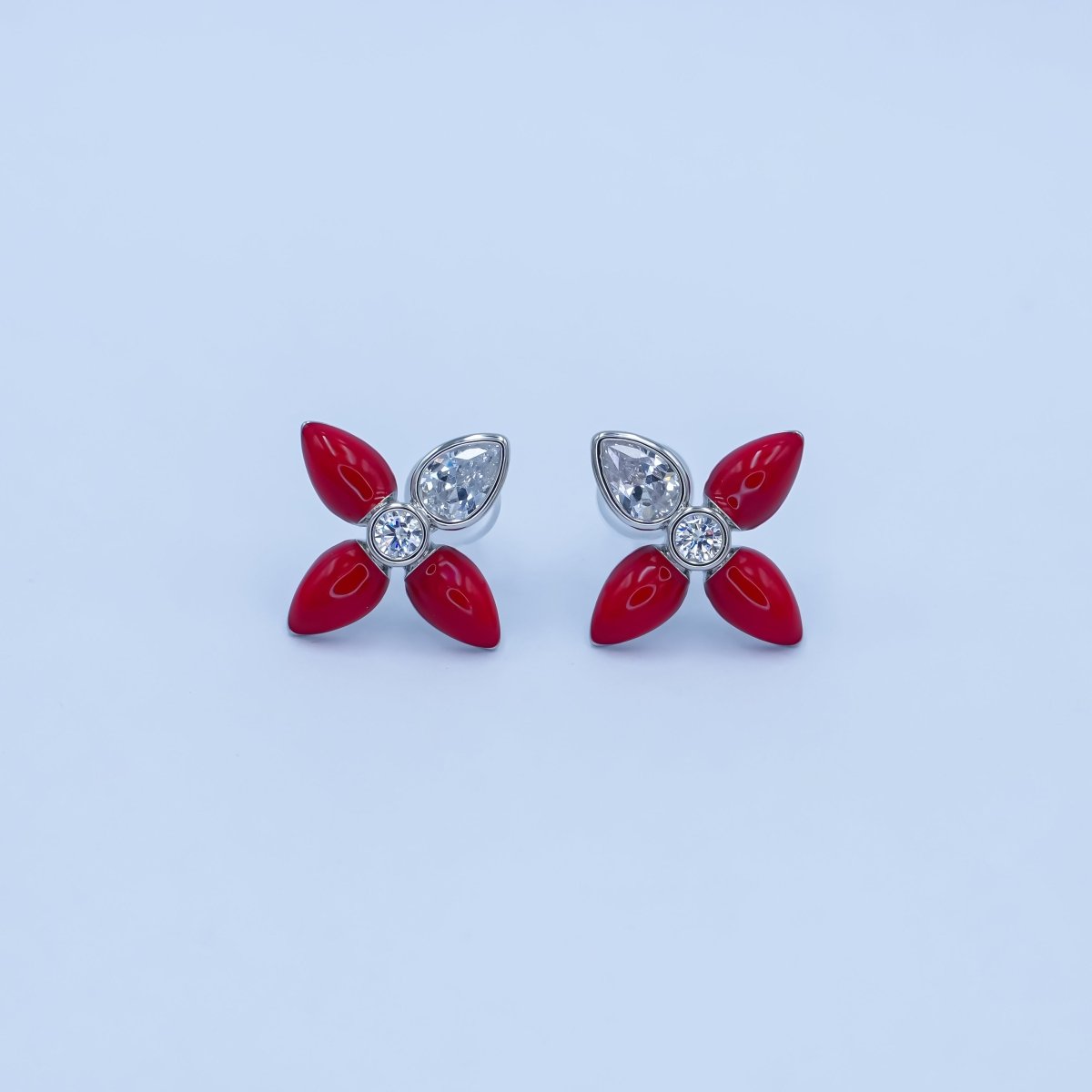 24K Gold Filled CZ Black Red Flower Patch Stud Earrings in Gold & Silver | AB197 - DLUXCA