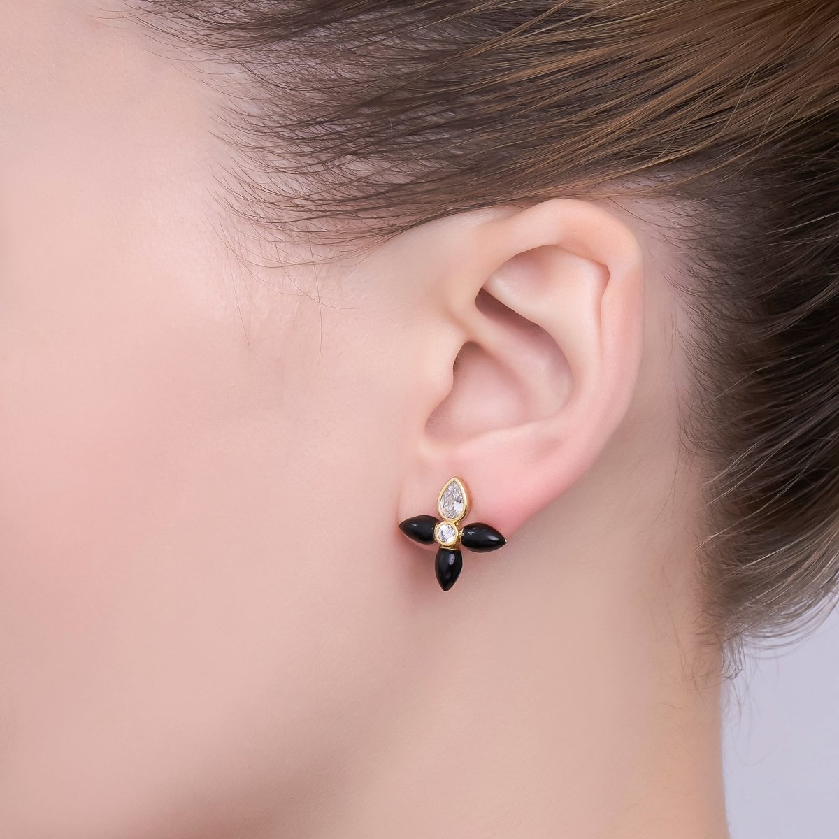 24K Gold Filled CZ Black Red Flower Patch Stud Earrings in Gold & Silver | AB197 - DLUXCA