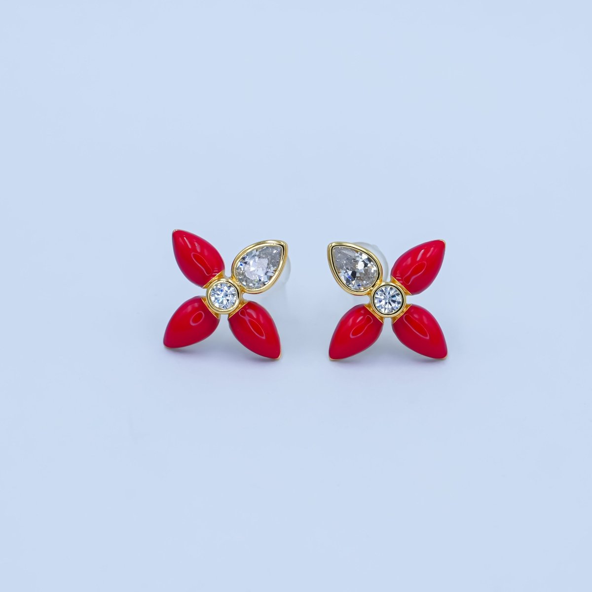 24K Gold Filled CZ Black Red Flower Patch Stud Earrings in Gold & Silver | AB197 - DLUXCA