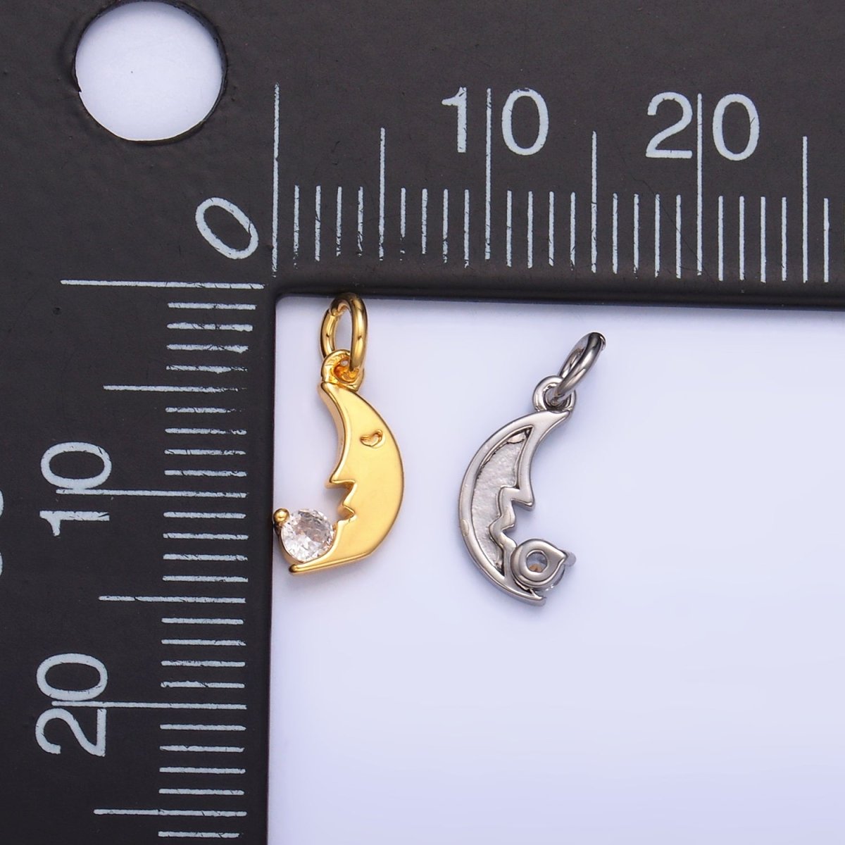24K Gold Filled CZ Celestial Crescent Moon Face Charm in Gold & Silver | W834 - DLUXCA