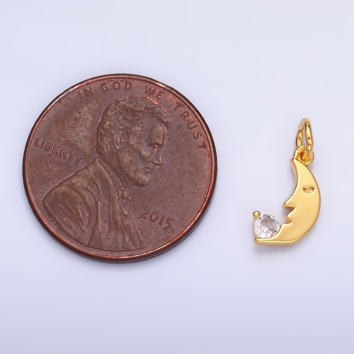 24K Gold Filled CZ Celestial Crescent Moon Face Charm in Gold & Silver | W834 - DLUXCA