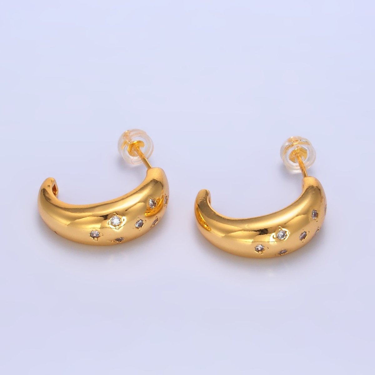 24K Gold Filled CZ Celestial Star Dome C - Shaped Hoop Earrings | AB1088 - DLUXCA