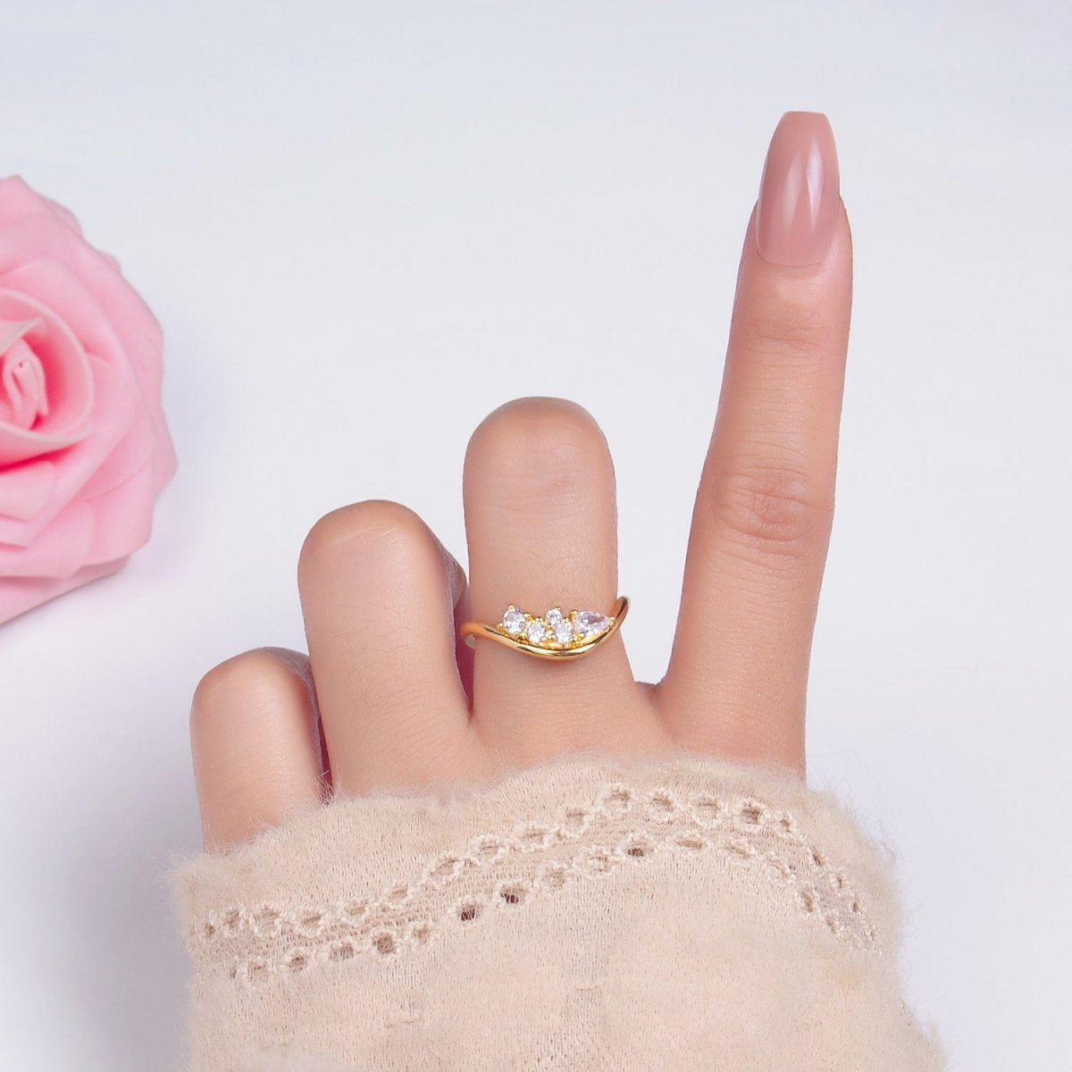 24K Gold Filled CZ Cluster Curved Chevron Ring | U429 - DLUXCA