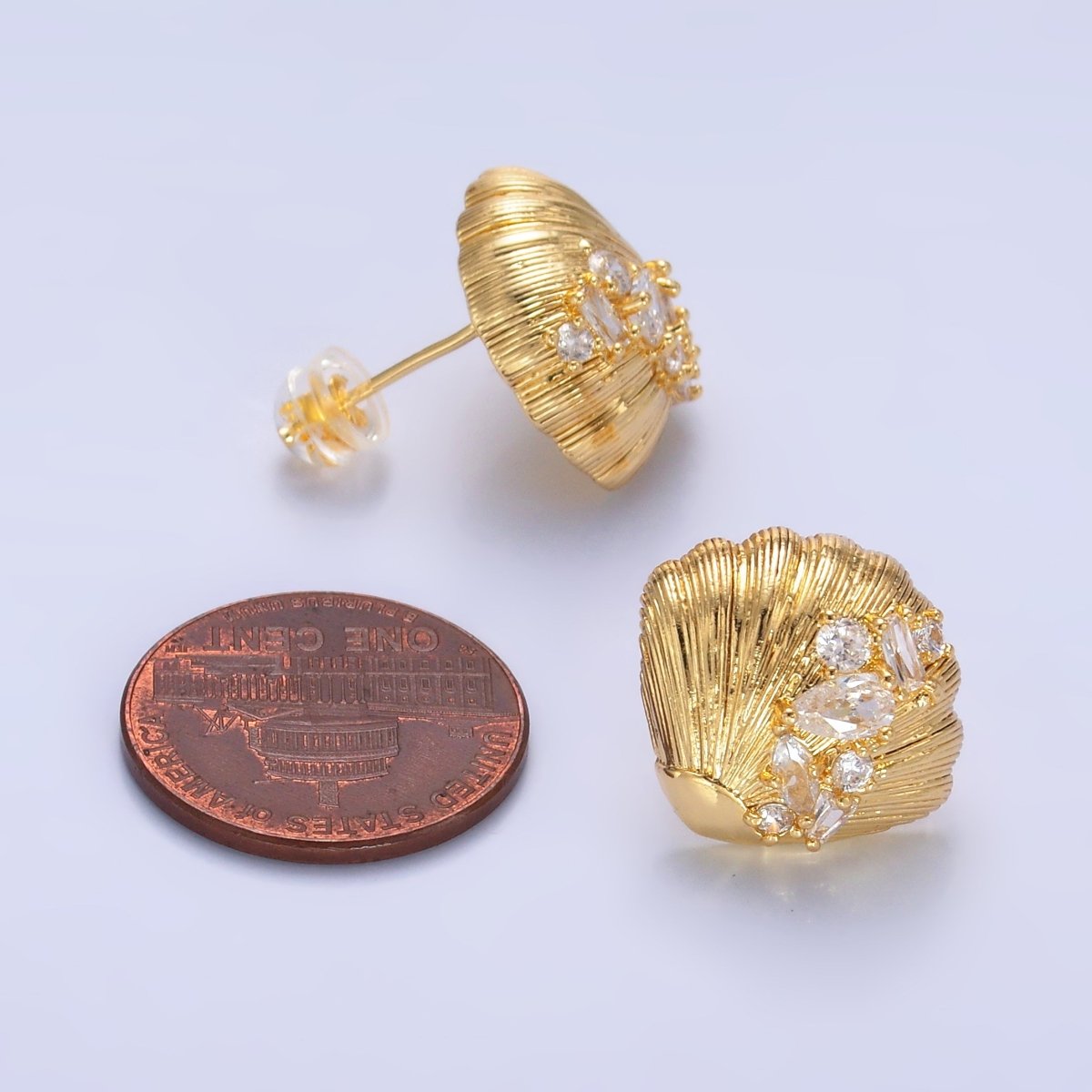 24K Gold Filled CZ Cluster Lined Sea Shell Stud Earrings | AB709 - DLUXCA