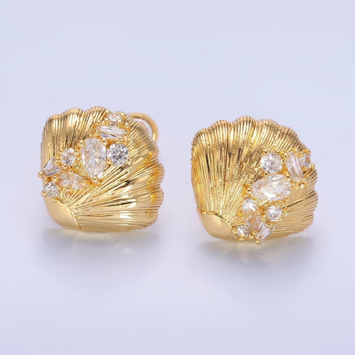 24K Gold Filled CZ Cluster Lined Sea Shell Stud Earrings | AB709 - DLUXCA
