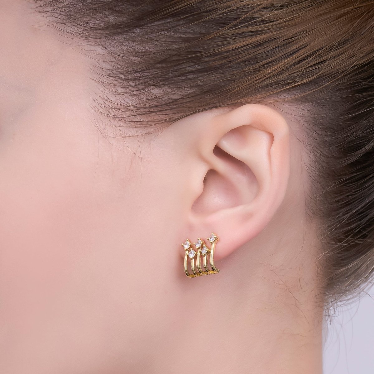 24K Gold Filled CZ Cluster Multiple Band J - Shaped Claw Stud Earrings | T442 - DLUXCA