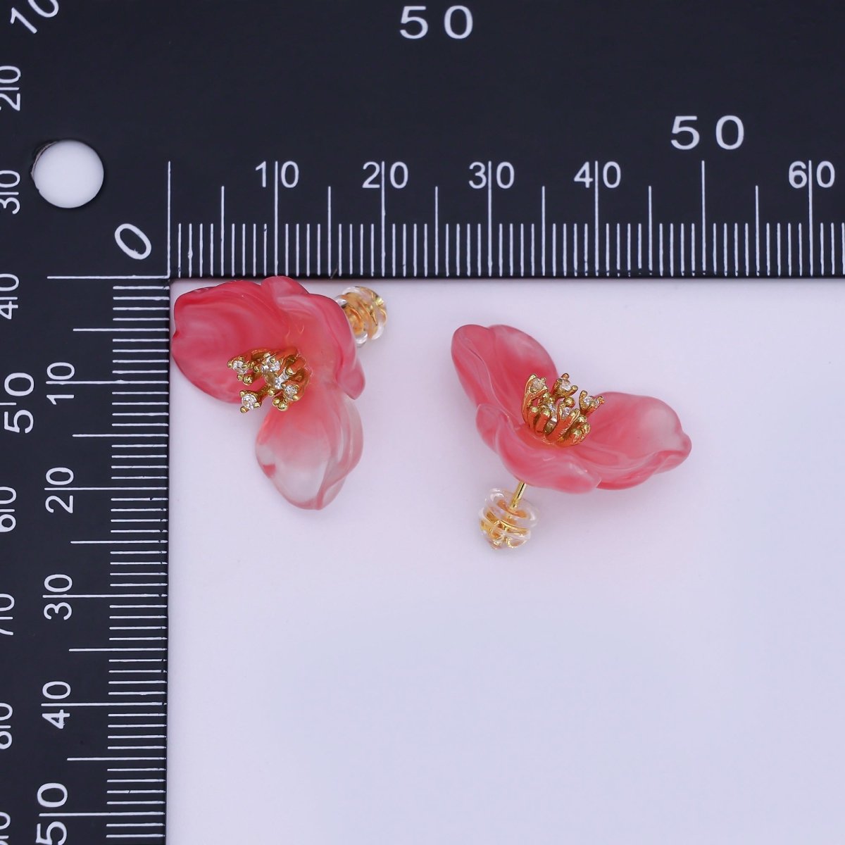 24K Gold Filled CZ Cluster Red, White, Orange, Green, Pink Acrylic Flower Stud Earrings | AB716 V147 - DLUXCA