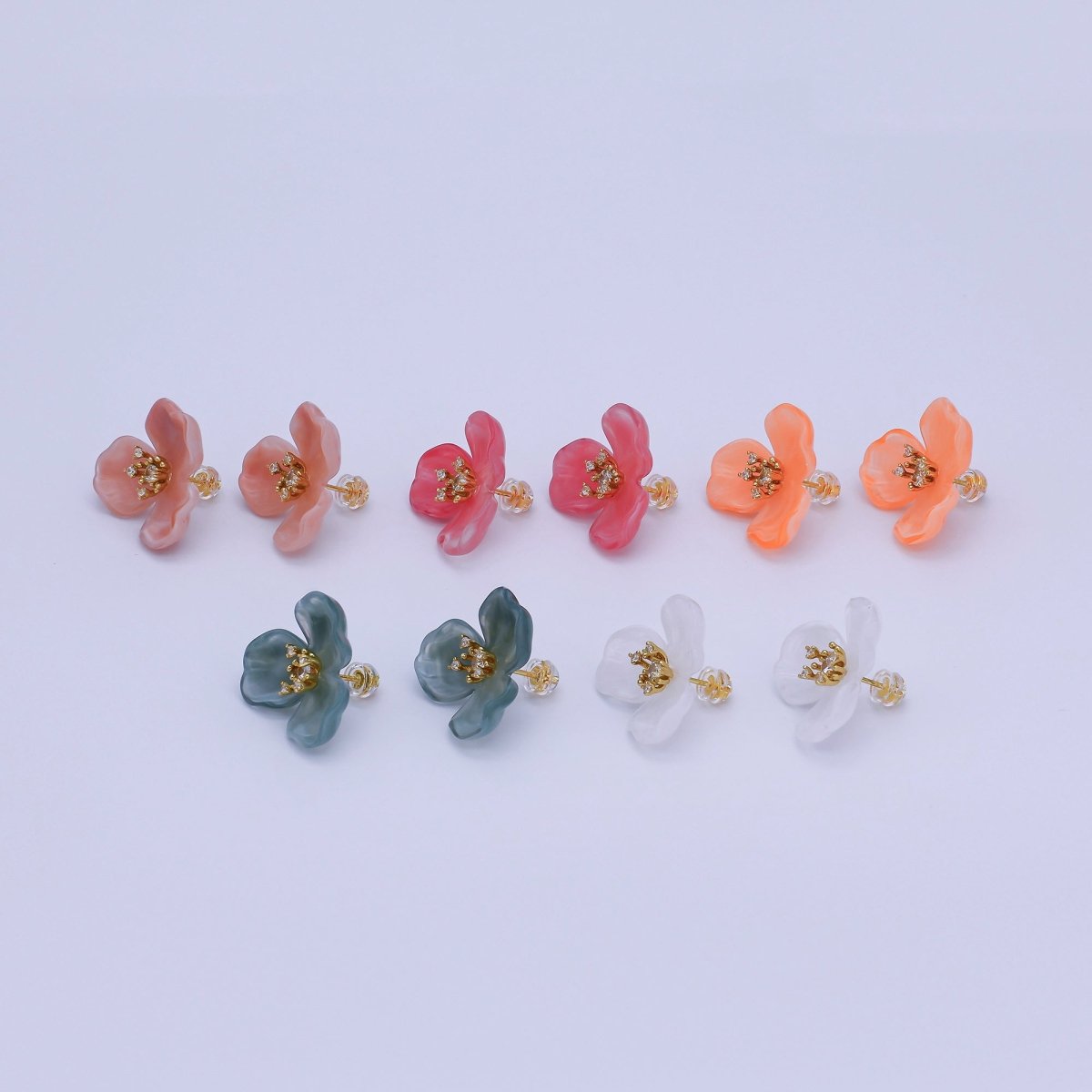 24K Gold Filled CZ Cluster Red, White, Orange, Green, Pink Acrylic Flower Stud Earrings | AB716 V147 - DLUXCA
