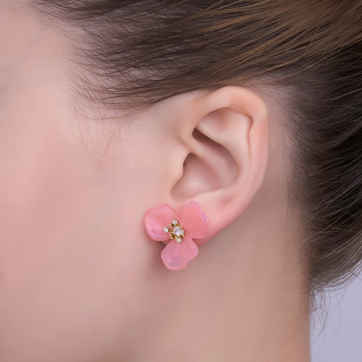 24K Gold Filled CZ Cluster Red, White, Orange, Green, Pink Acrylic Flower Stud Earrings | AB716 V147 - DLUXCA