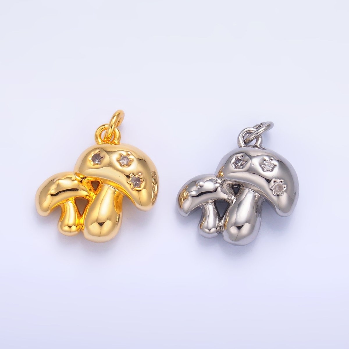 24K Gold Filled CZ Double Mushroom 3D Multidimensional Charm in Gold & Silver | W884 - DLUXCA