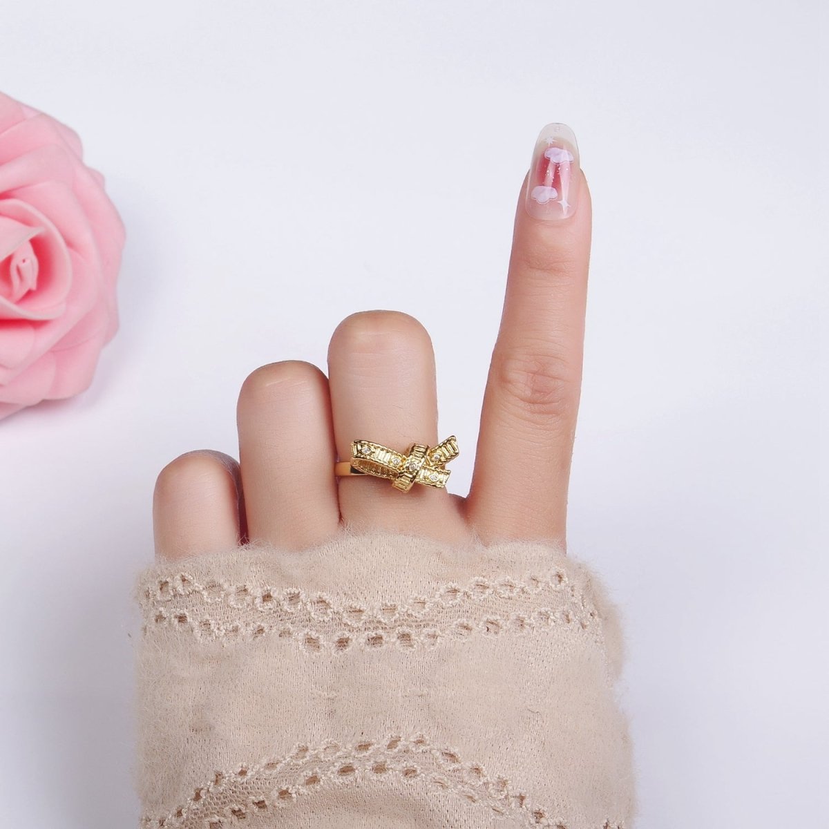 24K Gold Filled CZ Evil Eye Ribbed Tied Band Ring in Gold & Silver | R178 R179 - DLUXCA