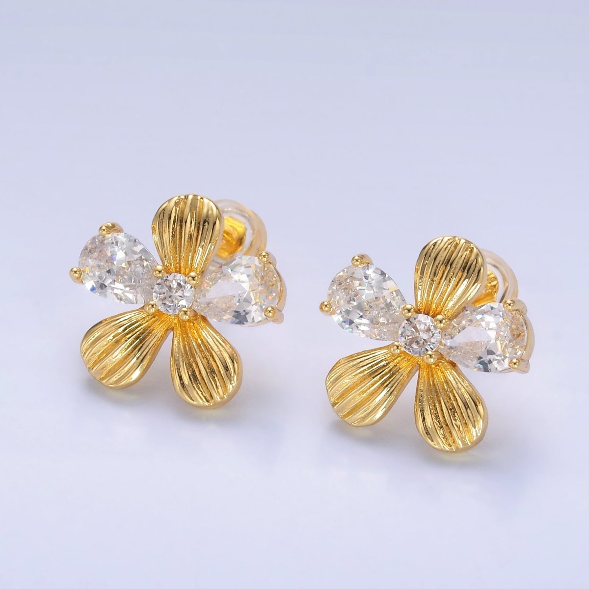 24K Gold Filled CZ Flower Lined Stud Earrings | AB710 - DLUXCA