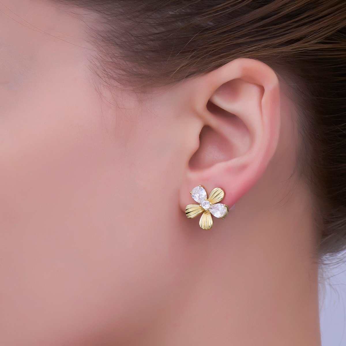 24K Gold Filled CZ Flower Lined Stud Earrings | AB710 - DLUXCA