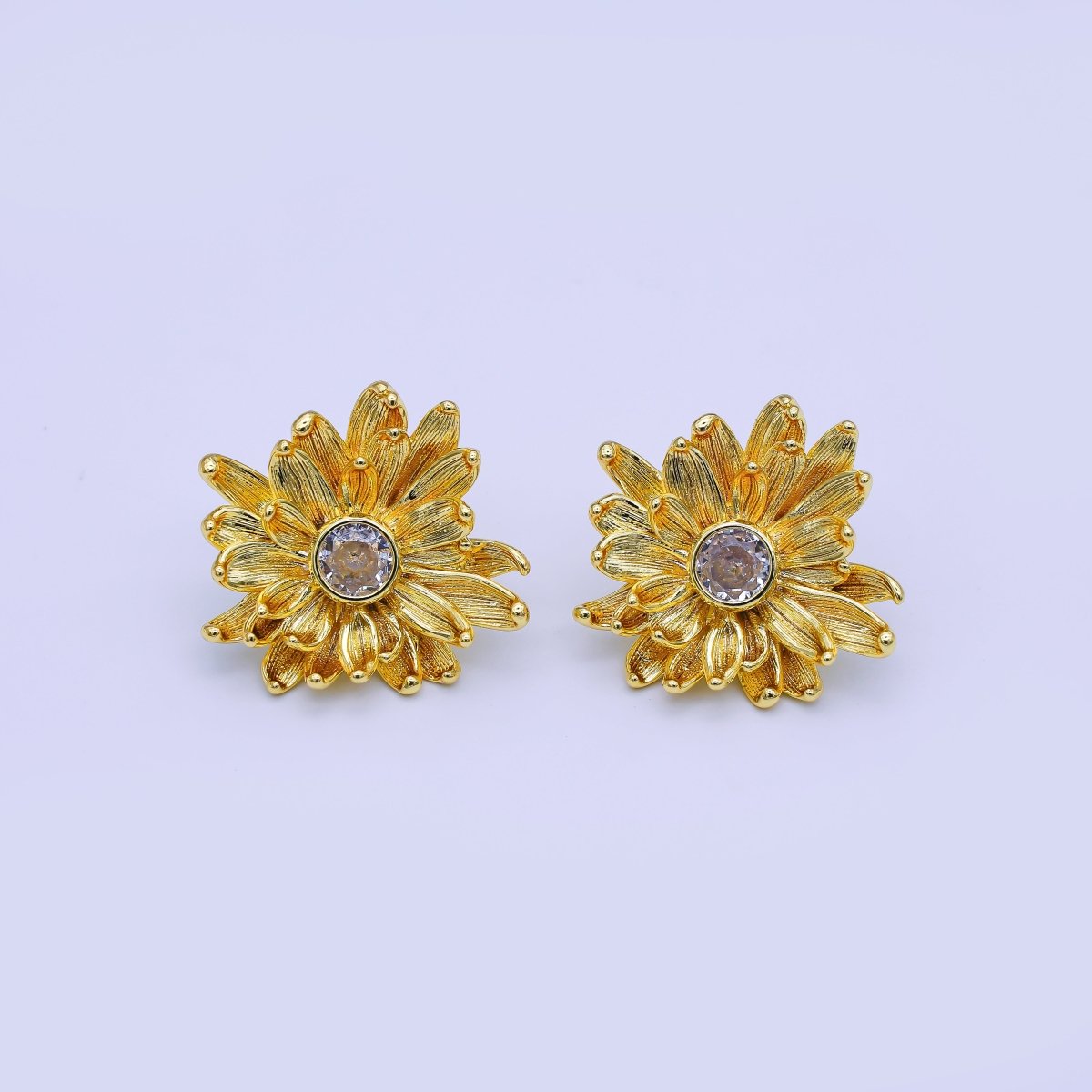 24K Gold Filled CZ Flower Textured Stud Earrings | AI498 - DLUXCA