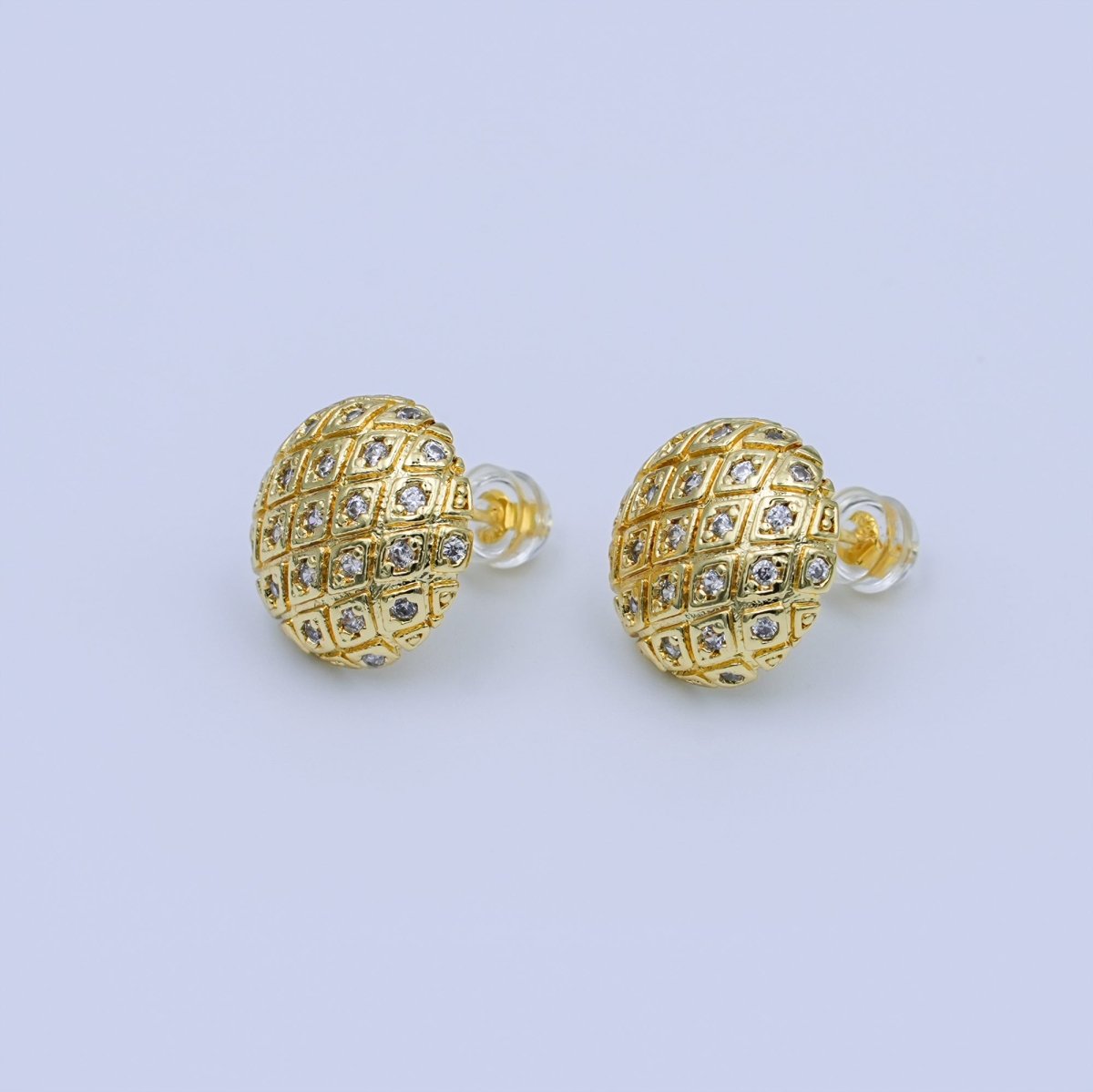24K Gold Filled CZ Geometric Quilted Dome Round Stud Earrings | T444 - DLUXCA